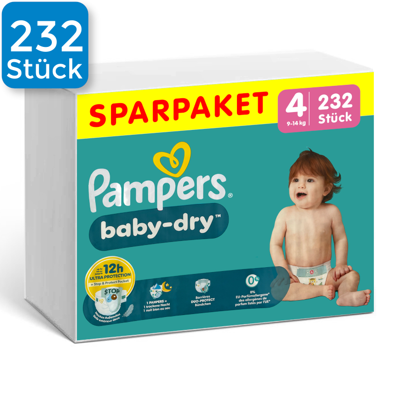Vorderseite einer Packung Pampers Baby Dry Größe 4. Oben links ist ein blaues Viereck mit der Aufschrift 